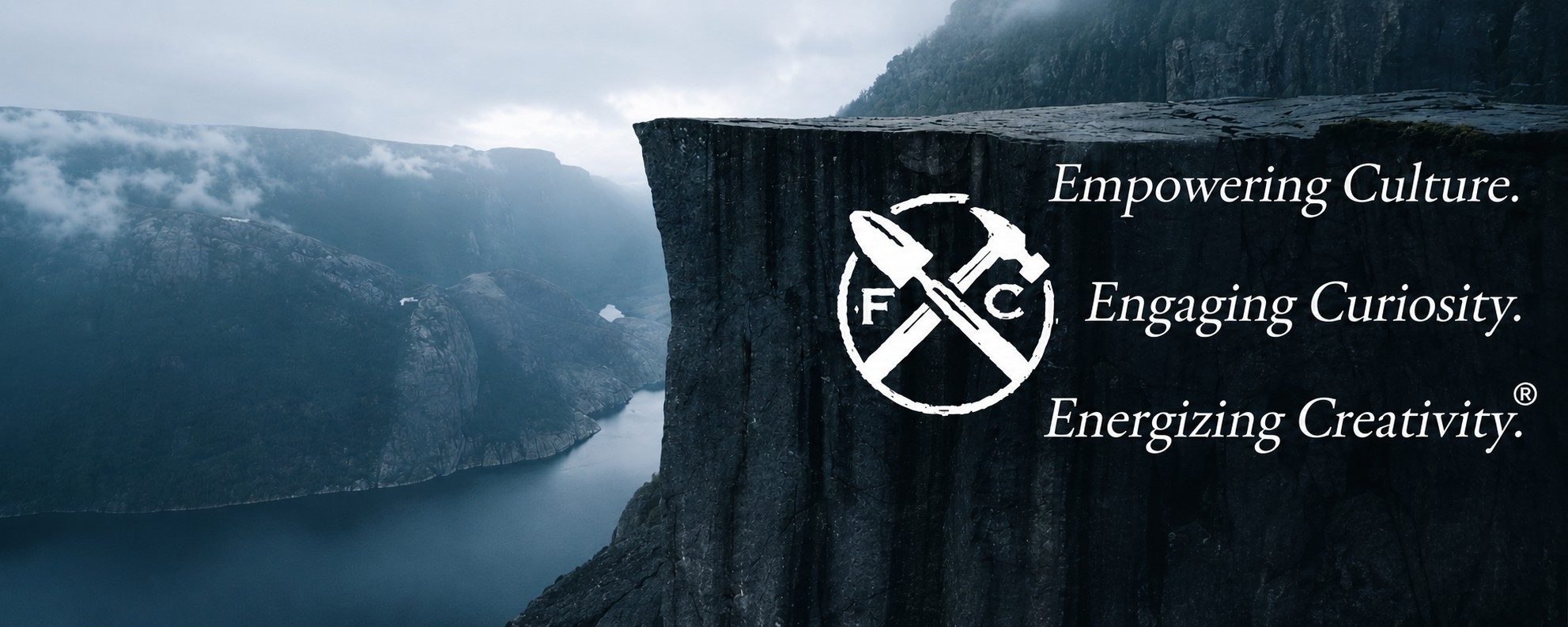 Preikestolen cliff above a fjord with the Foundational Coaching logo and tagline: Empowering Culture. Engaging Curiosity. Energizing Creativity.